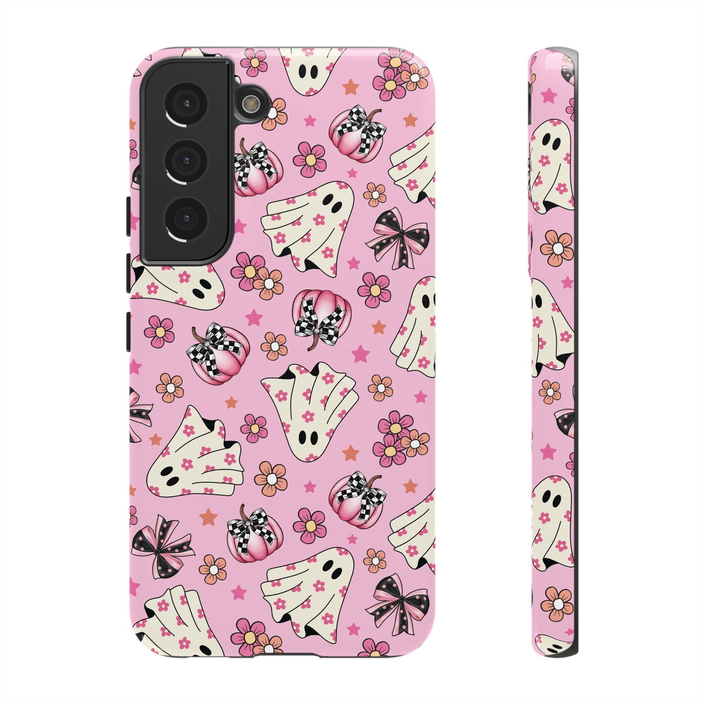 Pink Ghosts and Flowers Halloween Phone Case – Tough Phone Case – Cute Spooky Design - iPhone 16 - Samsung Galaxy - Google Pixel