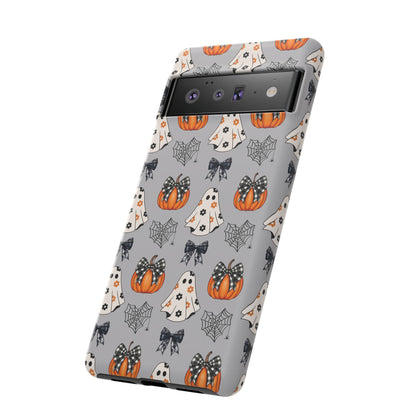 Halloween Ghosts and Pumpkins Gray Phone Case – Tough Phone Case – Cute Spooky Design - iPhone 16 - Samsung Galaxy - Google Pixel