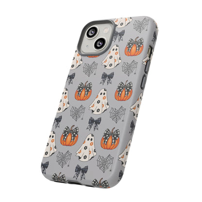 Halloween Ghosts and Pumpkins Gray Phone Case – Tough Phone Case – Cute Spooky Design - iPhone 16 - Samsung Galaxy - Google Pixel