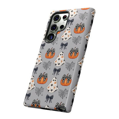 Halloween Ghosts and Pumpkins Gray Phone Case – Tough Phone Case – Cute Spooky Design - iPhone 16 - Samsung Galaxy - Google Pixel