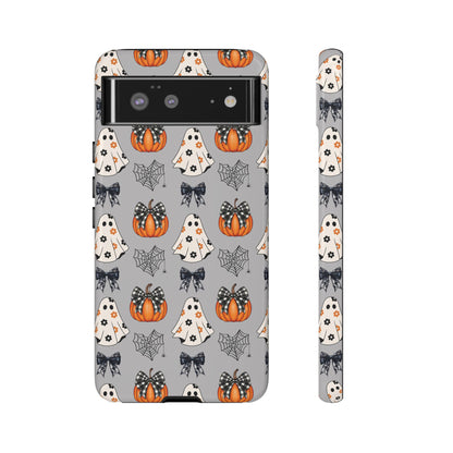 Halloween Ghosts and Pumpkins Gray Phone Case – Tough Phone Case – Cute Spooky Design - iPhone 16 - Samsung Galaxy - Google Pixel