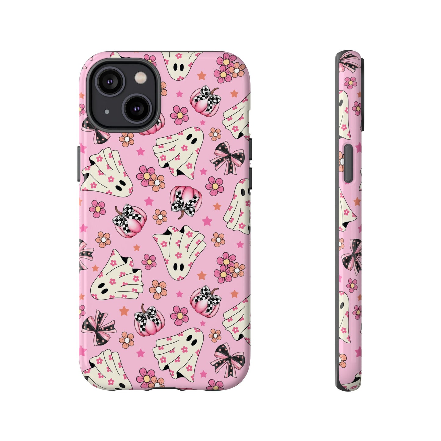 Pink Ghosts and Flowers Halloween Phone Case – Tough Phone Case – Cute Spooky Design - iPhone 16 - Samsung Galaxy - Google Pixel