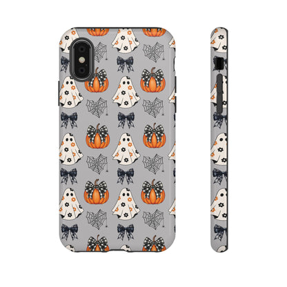 Halloween Ghosts and Pumpkins Gray Phone Case – Tough Phone Case – Cute Spooky Design - iPhone 16 - Samsung Galaxy - Google Pixel