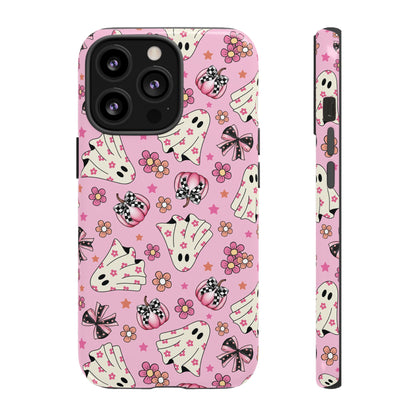 Pink Ghosts and Flowers Halloween Phone Case – Tough Phone Case – Cute Spooky Design - iPhone 16 - Samsung Galaxy - Google Pixel