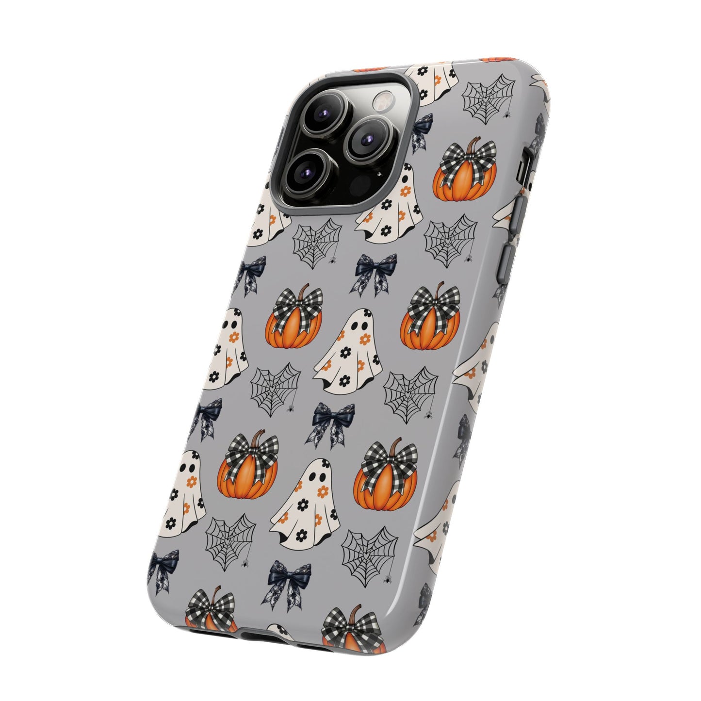 Halloween Ghosts and Pumpkins Gray Phone Case – Tough Phone Case – Cute Spooky Design - iPhone 16 - Samsung Galaxy - Google Pixel