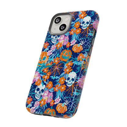 Floral Skulls and Pumpkins Halloween Phone Case – Tough Phone Case – Cute Spooky Design - iPhone 16 - Samsung Galaxy - Google Pixel