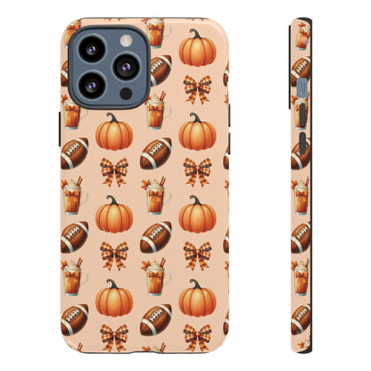 Pumpkins, Footballs, and Bows Fall Autumn Phone Case – Tough Phone Case – Cute Spooky Design - iPhone 16 - Samsung Galaxy - Google Pixel