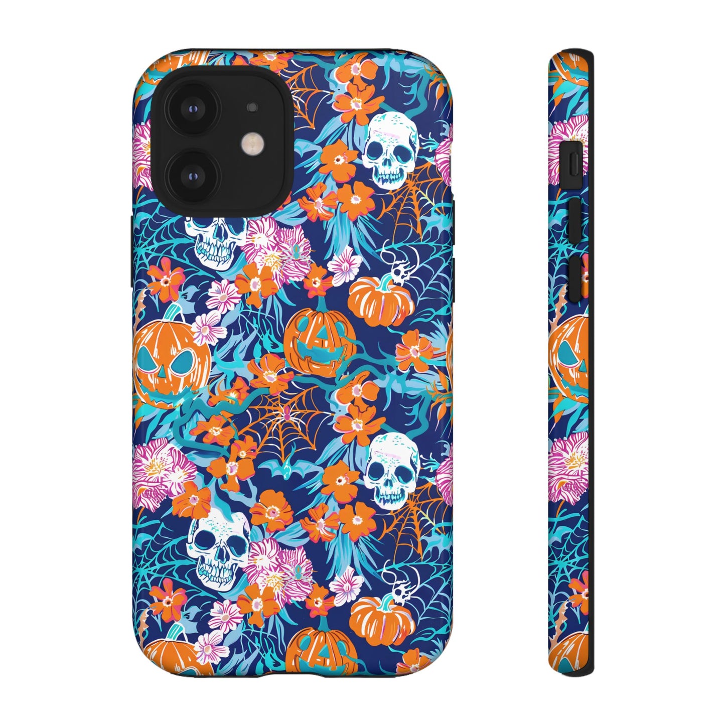 Floral Skulls and Pumpkins Halloween Phone Case – Tough Phone Case – Cute Spooky Design - iPhone 16 - Samsung Galaxy - Google Pixel