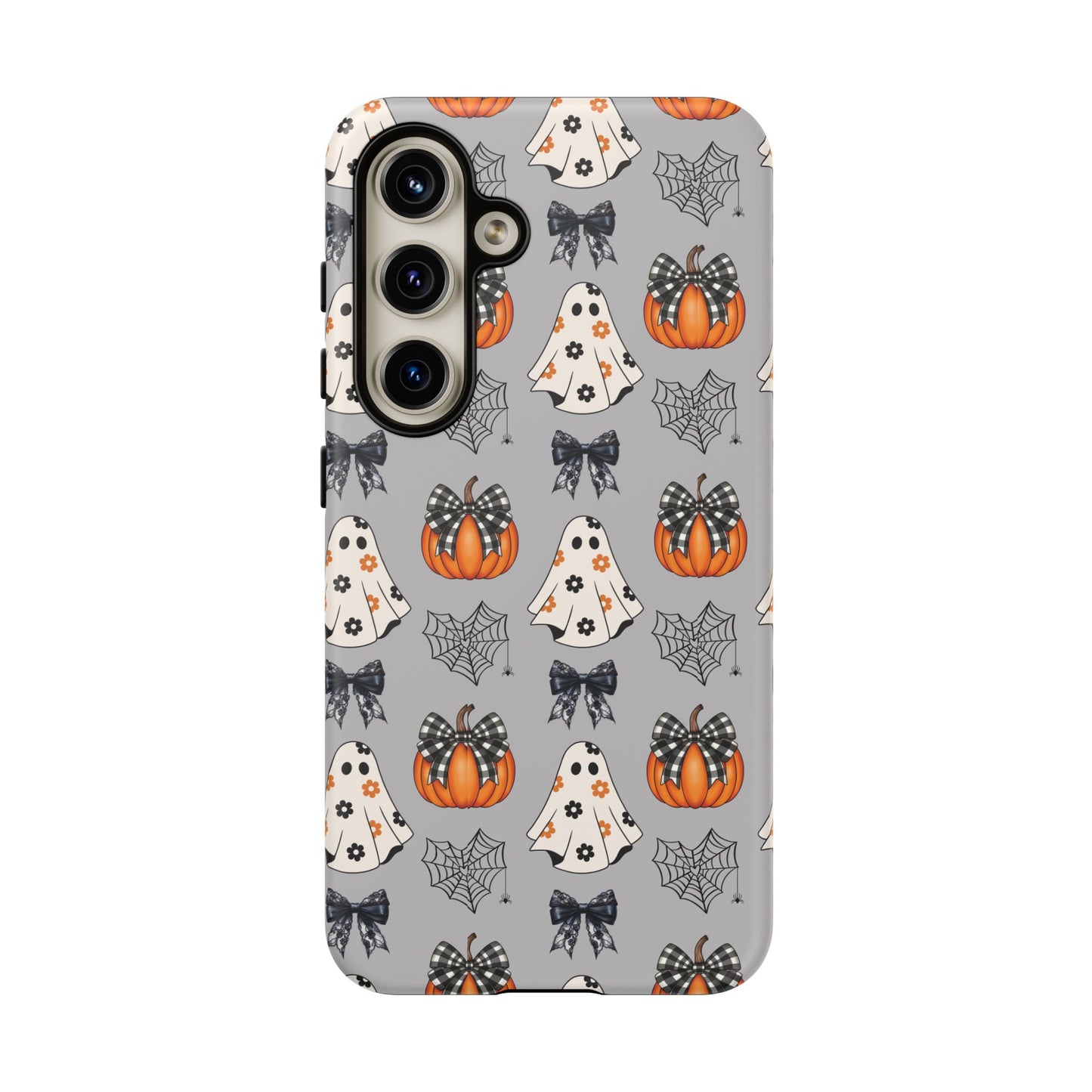 Halloween Ghosts and Pumpkins Gray Phone Case – Tough Phone Case – Cute Spooky Design - iPhone 16 - Samsung Galaxy - Google Pixel