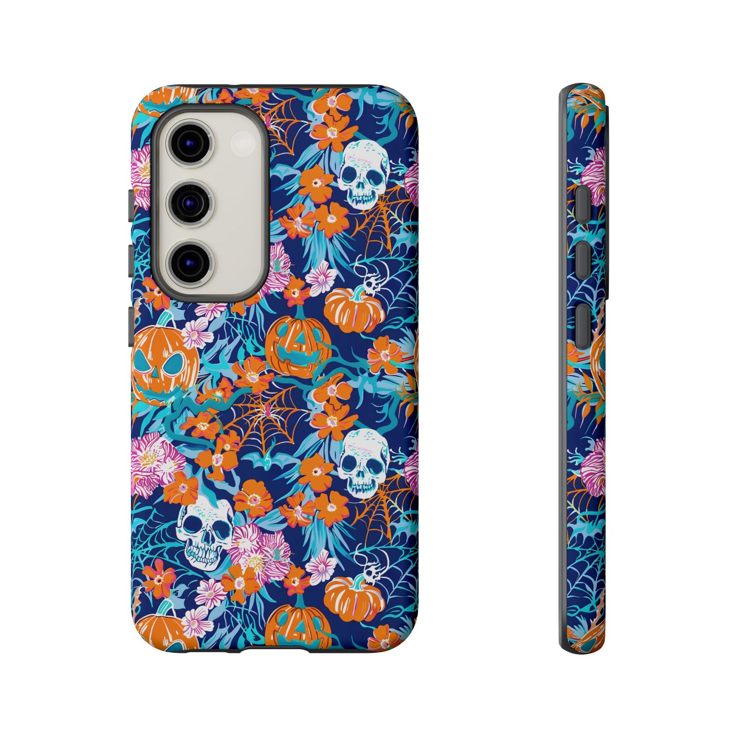 Floral Skulls and Pumpkins Halloween Phone Case – Tough Phone Case – Cute Spooky Design - iPhone 16 - Samsung Galaxy - Google Pixel