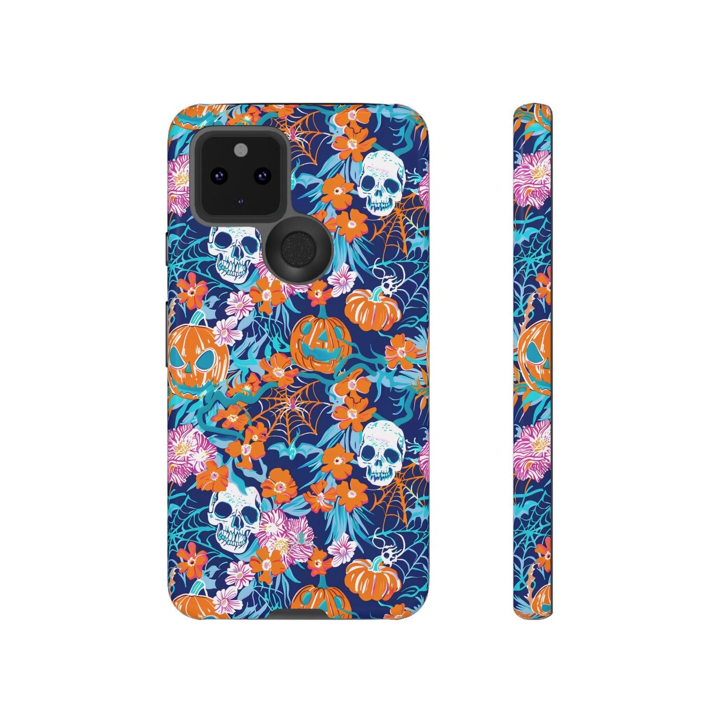 Floral Skulls and Pumpkins Halloween Phone Case – Tough Phone Case – Cute Spooky Design - iPhone 16 - Samsung Galaxy - Google Pixel