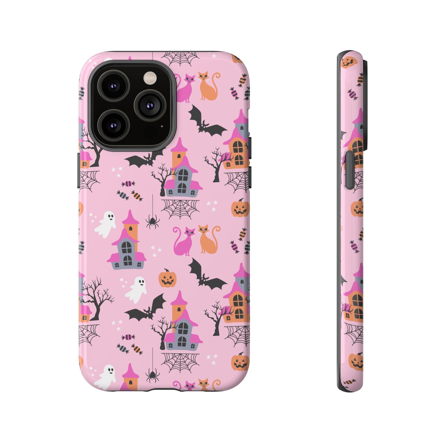 Pink Haunted House and Cats Halloween Phone Case – Tough Phone Case – Cute Spooky Design - iPhone 16 - Samsung Galaxy - Google Pixel