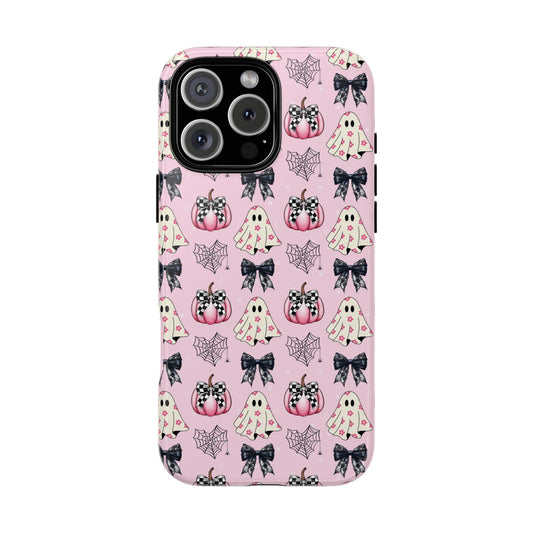 Cute Halloween Ghosts and Bows Pink Phone Case – Tough Protection for Spooky Season – iPhone 16 - Samsung Galaxy - Google Pixel