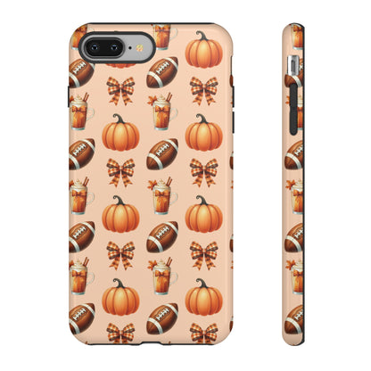 Pumpkins, Footballs, and Bows Fall Autumn Phone Case – Tough Phone Case – Cute Spooky Design - iPhone 16 - Samsung Galaxy - Google Pixel