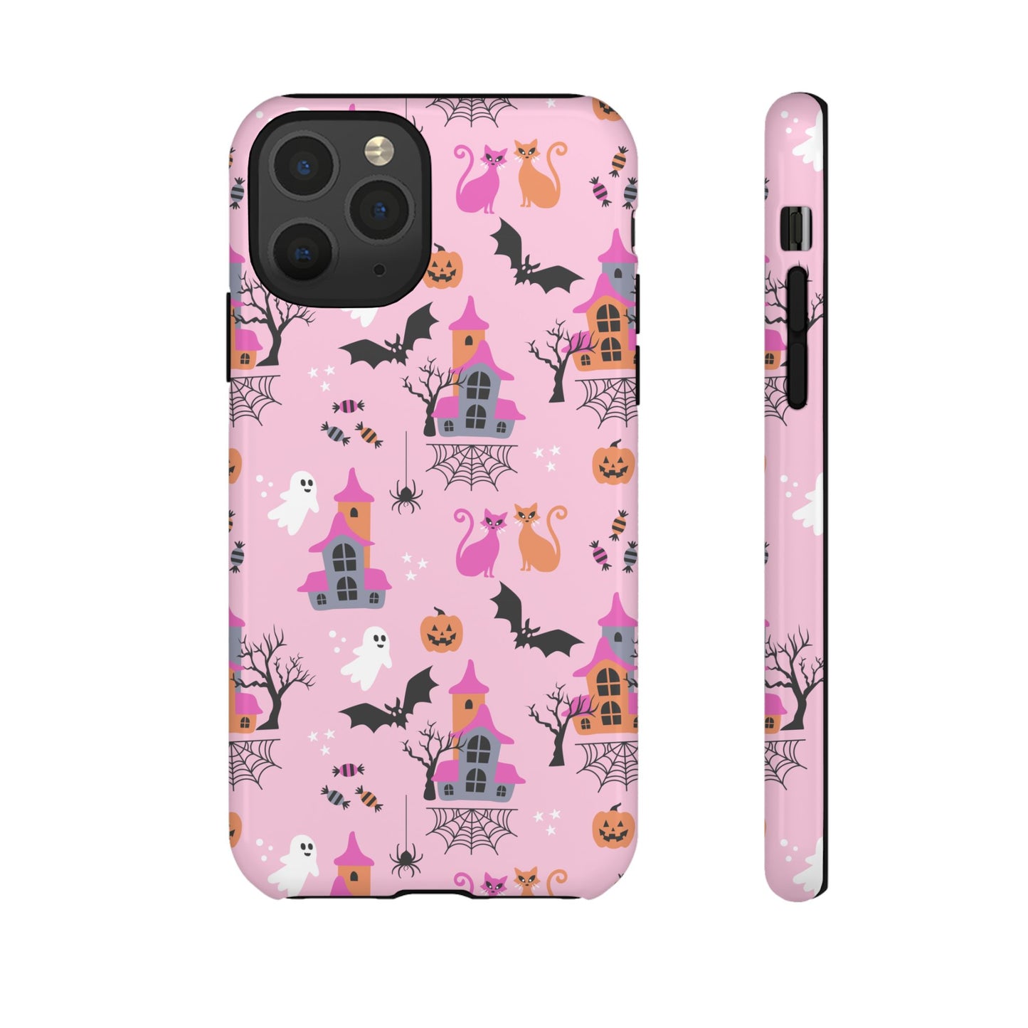 Pink Haunted House and Cats Halloween Phone Case – Tough Phone Case – Cute Spooky Design - iPhone 16 - Samsung Galaxy - Google Pixel