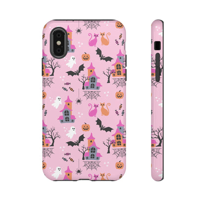 Pink Haunted House and Cats Halloween Phone Case – Tough Phone Case – Cute Spooky Design - iPhone 16 - Samsung Galaxy - Google Pixel