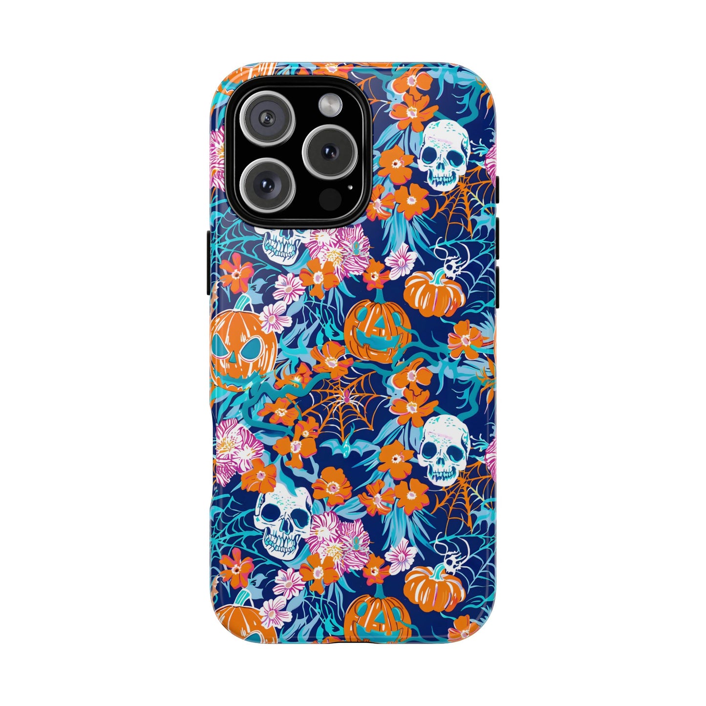 Floral Skulls and Pumpkins Halloween Phone Case – Tough Phone Case – Cute Spooky Design - iPhone 16 - Samsung Galaxy - Google Pixel