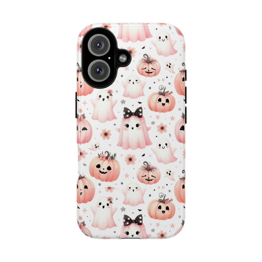 Blush Pink Ghosts and Pumpkins Halloween Phone Case – Tough Phone Case – Cute Spooky Design - iPhone 16 - Samsung Galaxy - Google Pixel