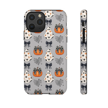 Halloween Ghosts and Pumpkins Gray Phone Case – Tough Phone Case – Cute Spooky Design - iPhone 16 - Samsung Galaxy - Google Pixel