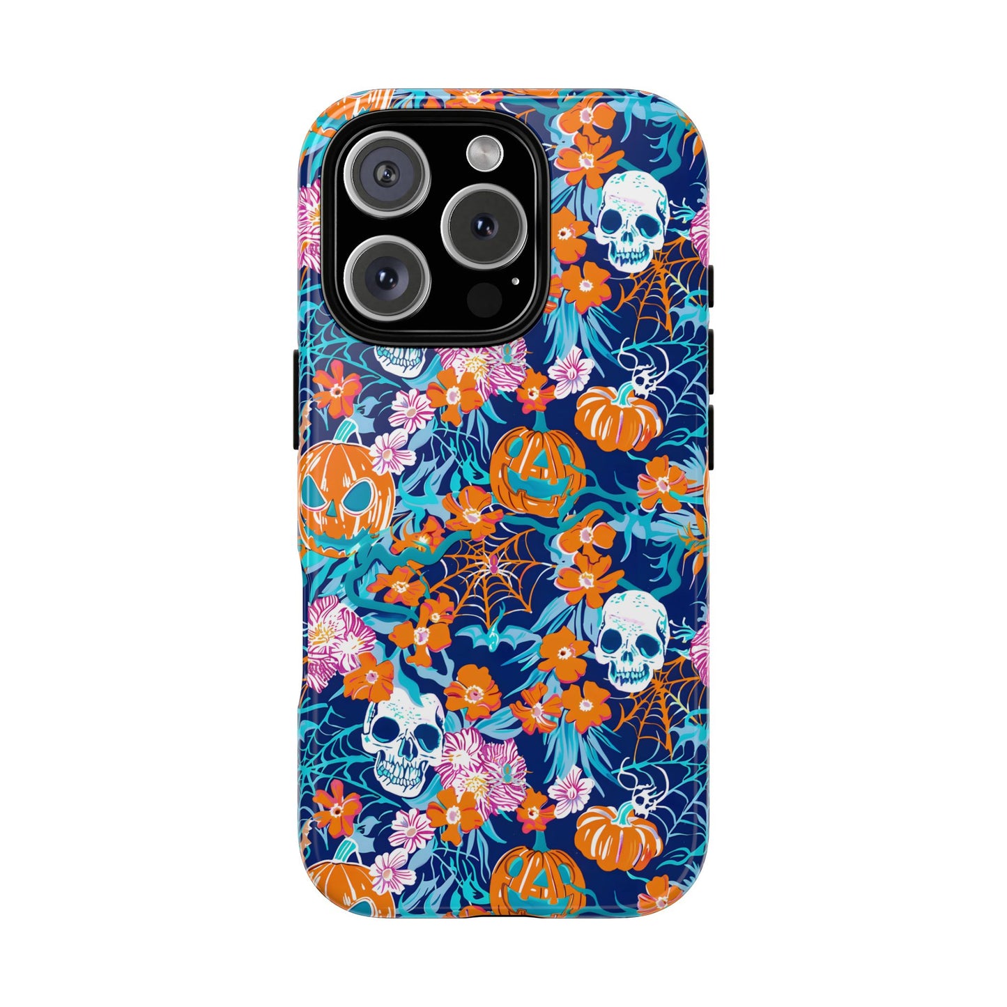 Floral Skulls and Pumpkins Halloween Phone Case – Tough Phone Case – Cute Spooky Design - iPhone 16 - Samsung Galaxy - Google Pixel