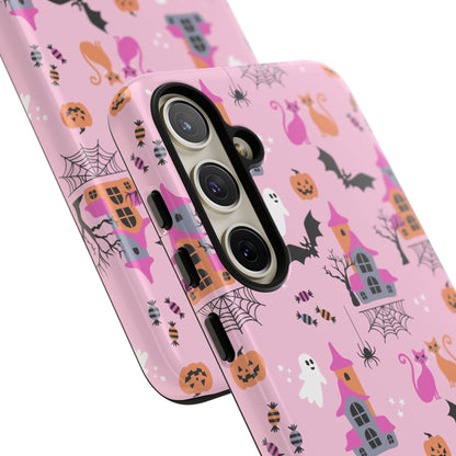 Pink Haunted House and Cats Halloween Phone Case – Tough Phone Case – Cute Spooky Design - iPhone 16 - Samsung Galaxy - Google Pixel