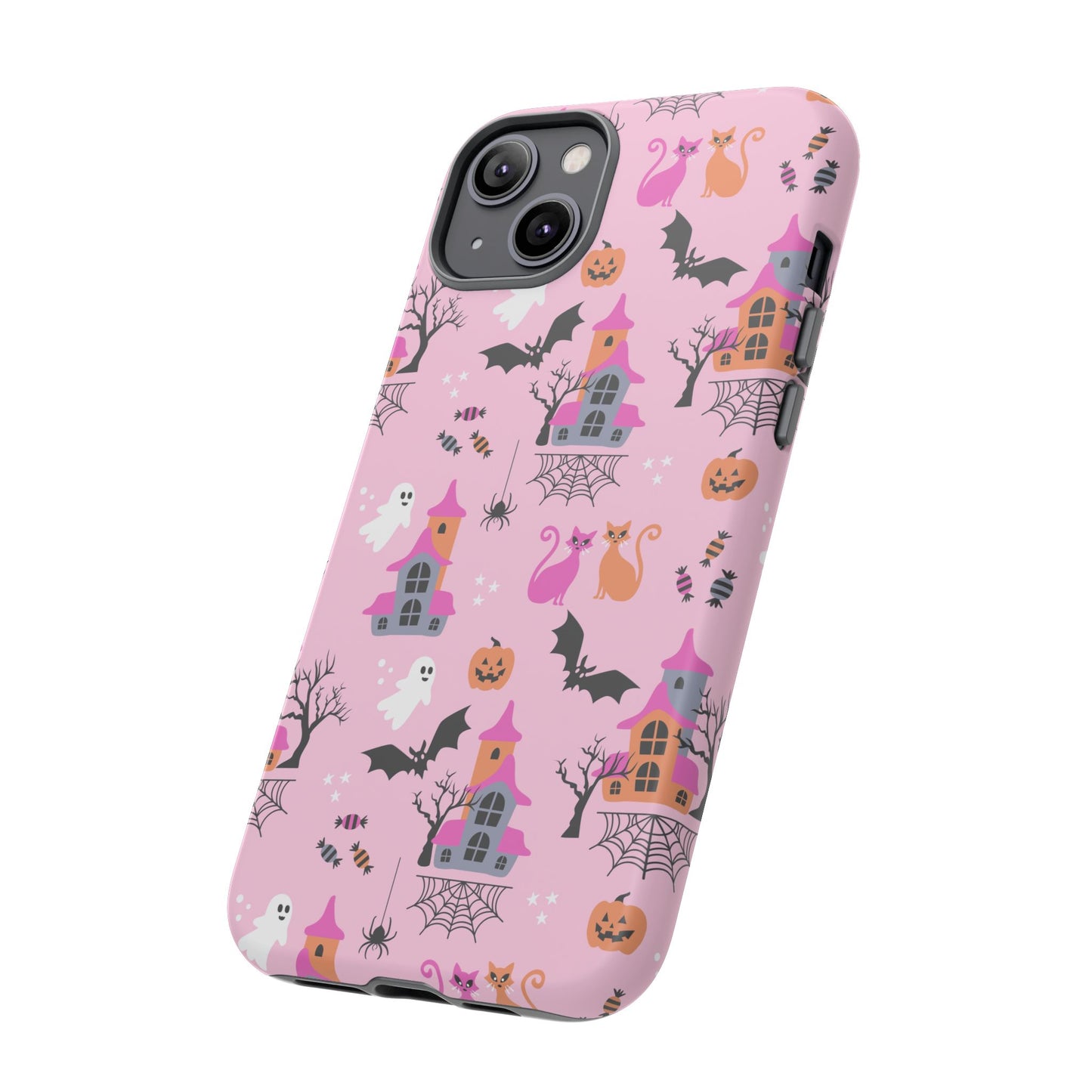 Pink Haunted House and Cats Halloween Phone Case – Tough Phone Case – Cute Spooky Design - iPhone 16 - Samsung Galaxy - Google Pixel