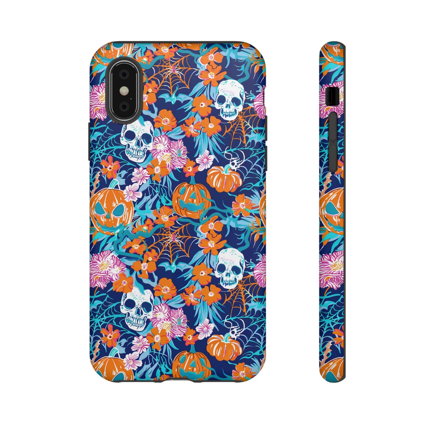 Floral Skulls and Pumpkins Halloween Phone Case – Tough Phone Case – Cute Spooky Design - iPhone 16 - Samsung Galaxy - Google Pixel