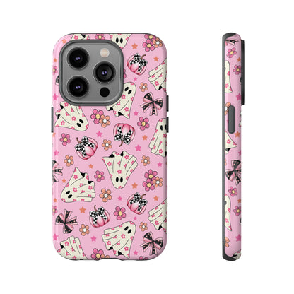 Pink Ghosts and Flowers Halloween Phone Case – Tough Phone Case – Cute Spooky Design - iPhone 16 - Samsung Galaxy - Google Pixel