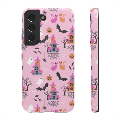 Pink Haunted House and Cats Halloween Phone Case – Tough Phone Case – Cute Spooky Design - iPhone 16 - Samsung Galaxy - Google Pixel