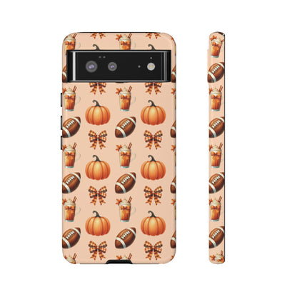 Pumpkins, Footballs, and Bows Fall Autumn Phone Case – Tough Phone Case – Cute Spooky Design - iPhone 16 - Samsung Galaxy - Google Pixel