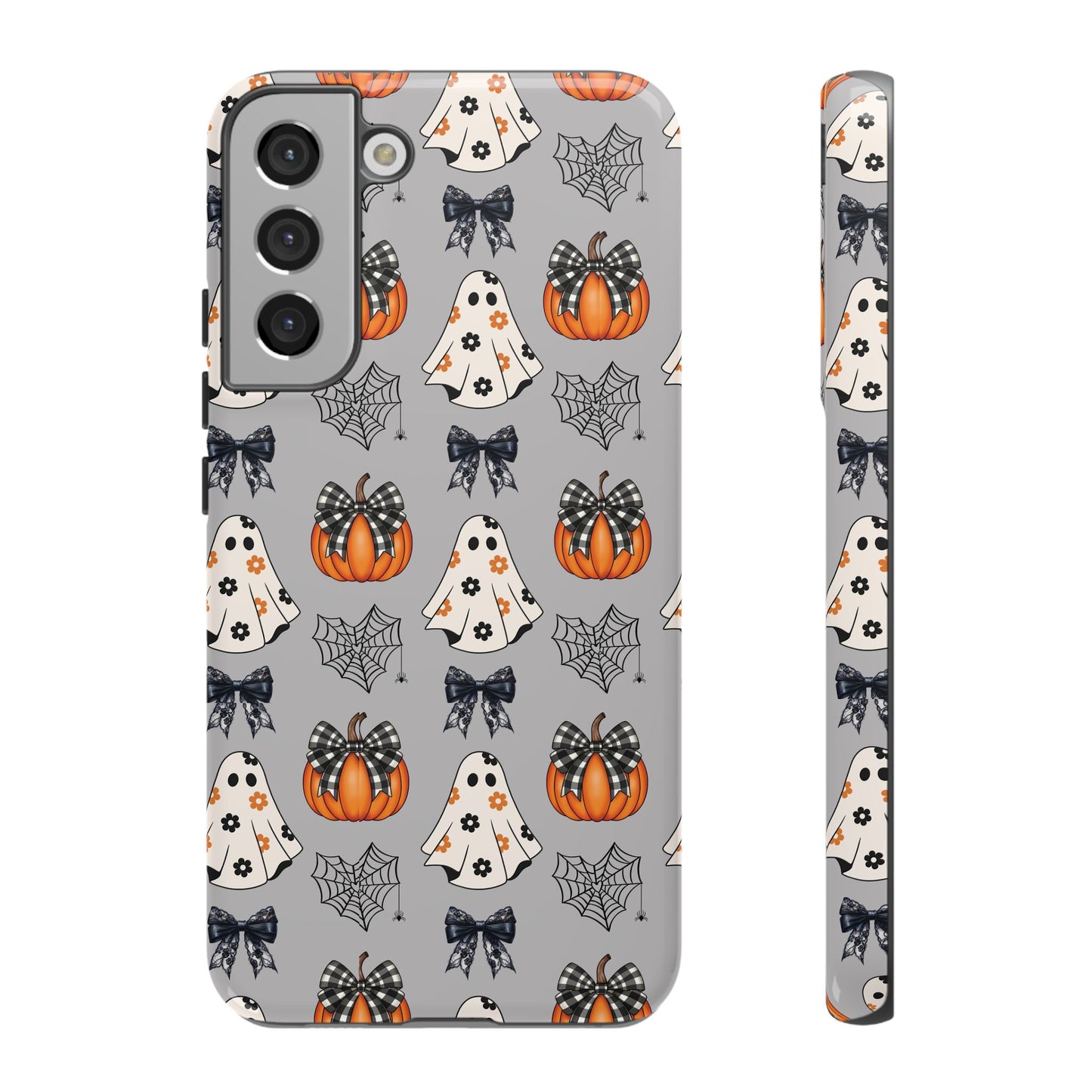 Halloween Ghosts and Pumpkins Gray Phone Case – Tough Phone Case – Cute Spooky Design - iPhone 16 - Samsung Galaxy - Google Pixel