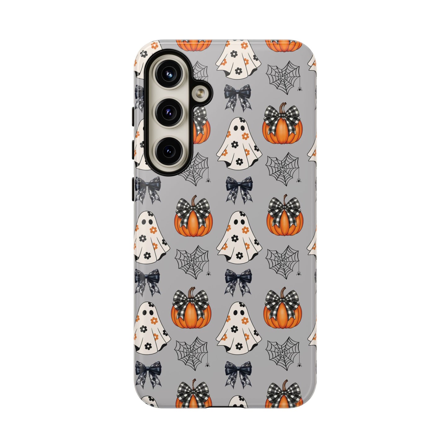 Halloween Ghosts and Pumpkins Gray Phone Case – Tough Phone Case – Cute Spooky Design - iPhone 16 - Samsung Galaxy - Google Pixel