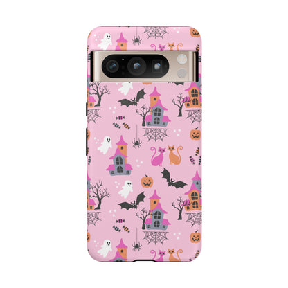 Pink Haunted House and Cats Halloween Phone Case – Tough Phone Case – Cute Spooky Design - iPhone 16 - Samsung Galaxy - Google Pixel