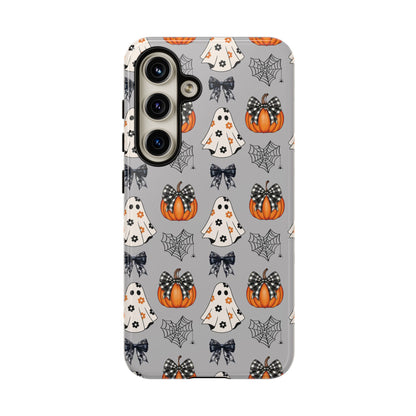 Halloween Ghosts and Pumpkins Gray Phone Case – Tough Phone Case – Cute Spooky Design - iPhone 16 - Samsung Galaxy - Google Pixel