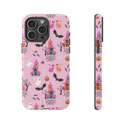 Pink Haunted House and Cats Halloween Phone Case – Tough Phone Case – Cute Spooky Design - iPhone 16 - Samsung Galaxy - Google Pixel