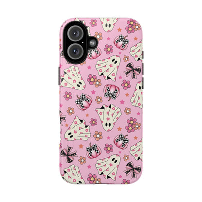 Pink Ghosts and Flowers Halloween Phone Case – Tough Phone Case – Cute Spooky Design - iPhone 16 - Samsung Galaxy - Google Pixel