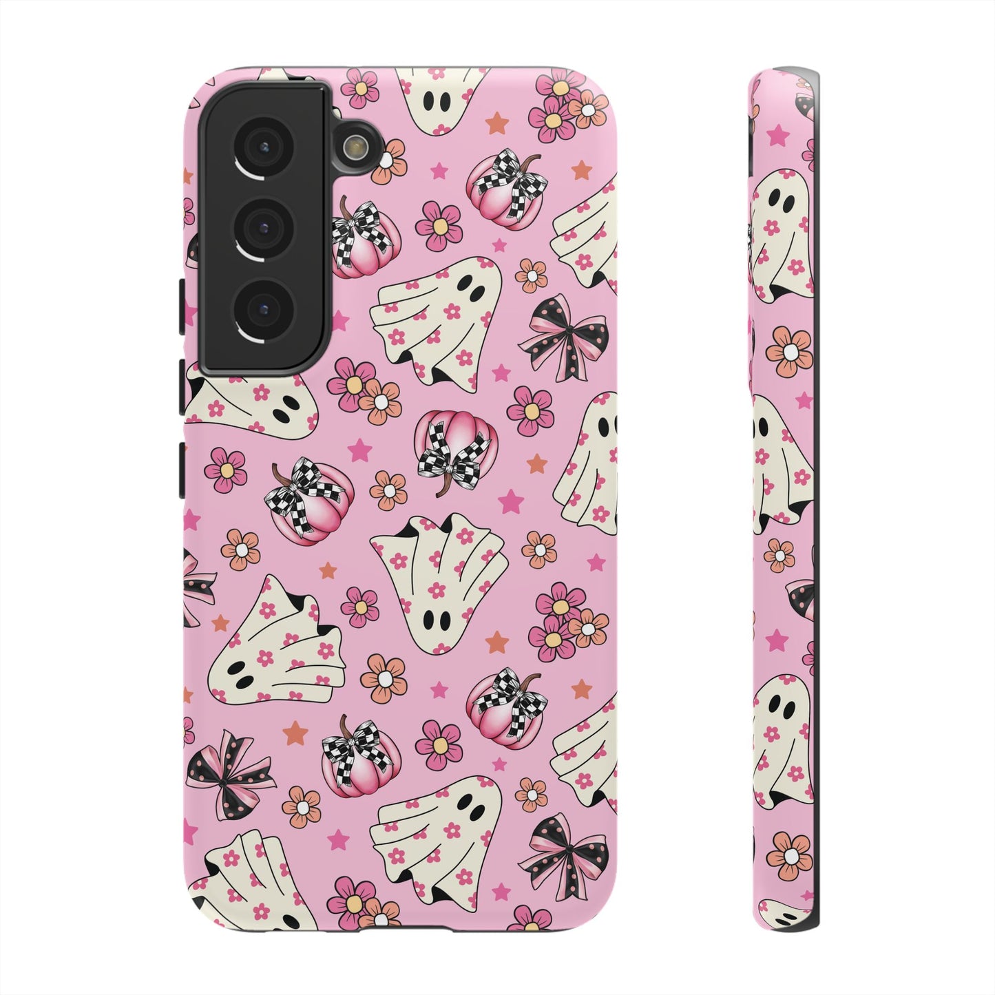 Pink Ghosts and Flowers Halloween Phone Case – Tough Phone Case – Cute Spooky Design - iPhone 16 - Samsung Galaxy - Google Pixel