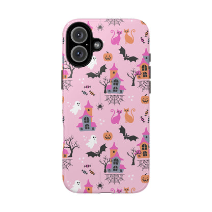 Pink Haunted House and Cats Halloween Phone Case – Tough Phone Case – Cute Spooky Design - iPhone 16 - Samsung Galaxy - Google Pixel