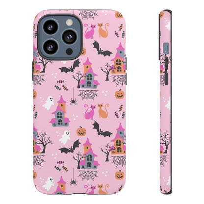 Pink Haunted House and Cats Halloween Phone Case – Tough Phone Case – Cute Spooky Design - iPhone 16 - Samsung Galaxy - Google Pixel