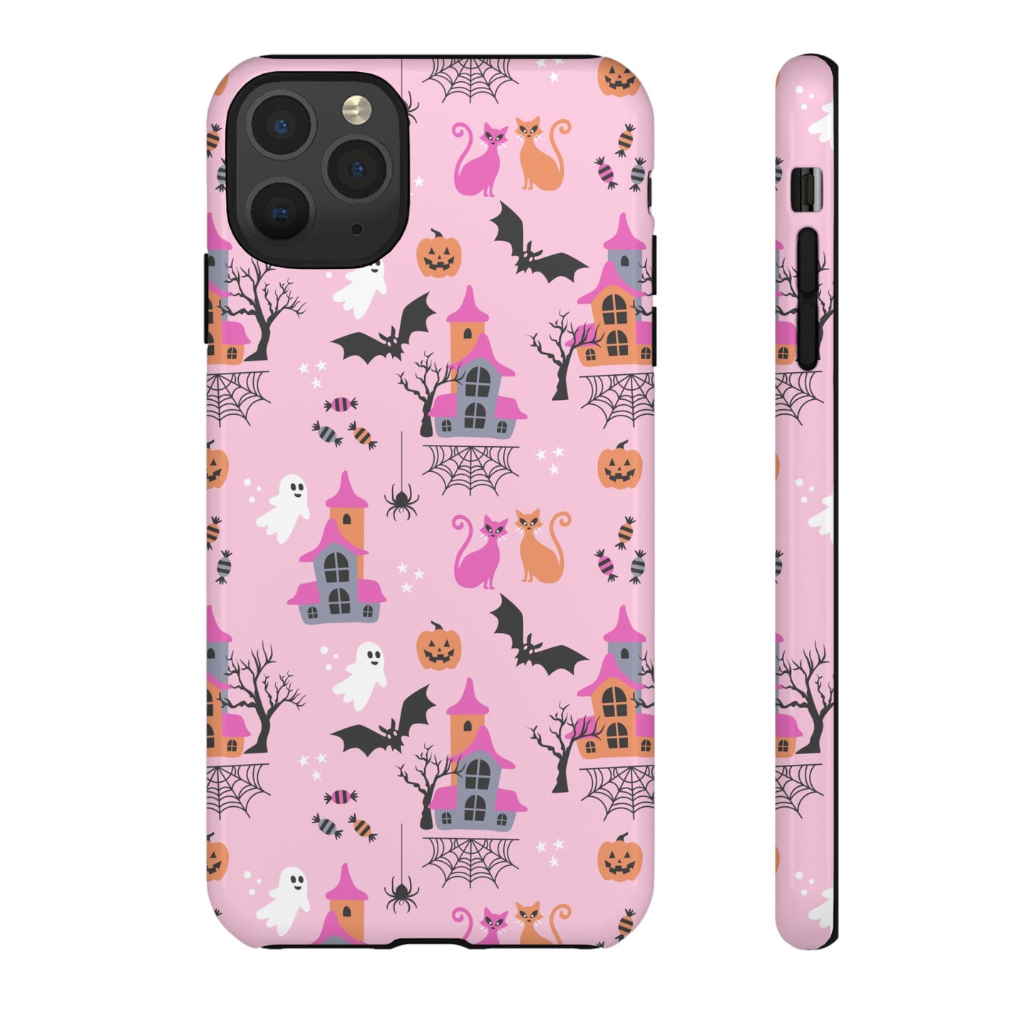 Pink Haunted House and Cats Halloween Phone Case – Tough Phone Case – Cute Spooky Design - iPhone 16 - Samsung Galaxy - Google Pixel