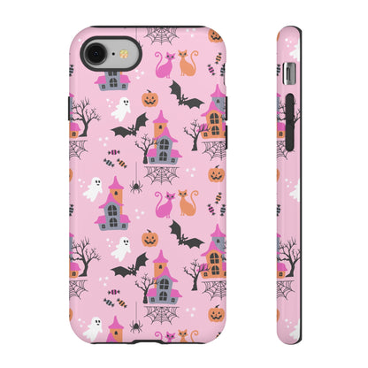 Pink Haunted House and Cats Halloween Phone Case – Tough Phone Case – Cute Spooky Design - iPhone 16 - Samsung Galaxy - Google Pixel