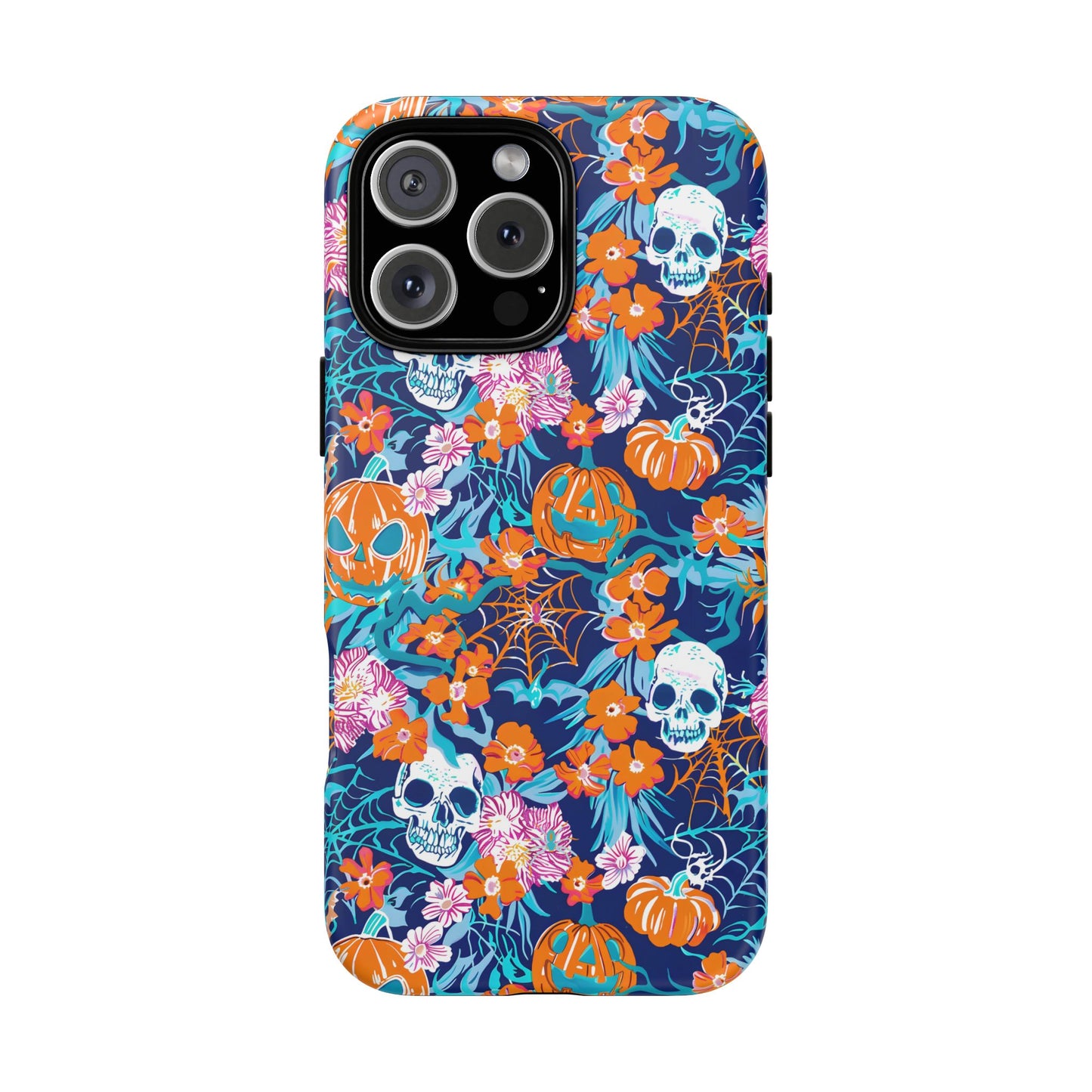 Floral Skulls and Pumpkins Halloween Phone Case – Tough Phone Case – Cute Spooky Design - iPhone 16 - Samsung Galaxy - Google Pixel