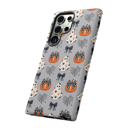 Halloween Ghosts and Pumpkins Gray Phone Case – Tough Phone Case – Cute Spooky Design - iPhone 16 - Samsung Galaxy - Google Pixel