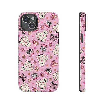 Pink Ghosts and Flowers Halloween Phone Case – Tough Phone Case – Cute Spooky Design - iPhone 16 - Samsung Galaxy - Google Pixel