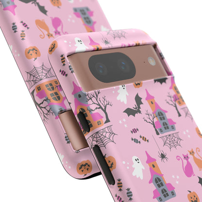 Pink Haunted House and Cats Halloween Phone Case – Tough Phone Case – Cute Spooky Design - iPhone 16 - Samsung Galaxy - Google Pixel