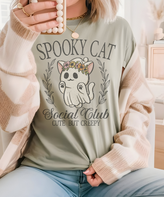 "Spooky Cat Social Club" Halloween T-Shirt | Cute But Creepy Ghost Cat Graphic Tee | Vintage Pastel Cat Shirt for Halloween Lovers