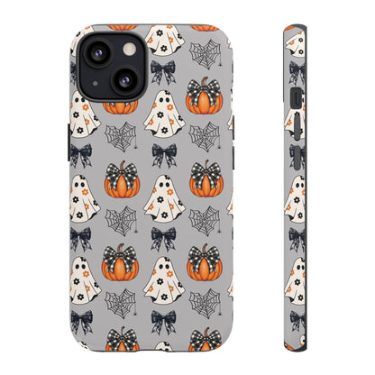 Halloween Ghosts and Pumpkins Gray Phone Case – Tough Phone Case – Cute Spooky Design - iPhone 16 - Samsung Galaxy - Google Pixel