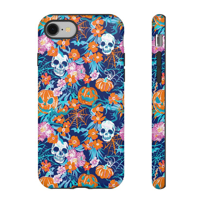 Floral Skulls and Pumpkins Halloween Phone Case – Tough Phone Case – Cute Spooky Design - iPhone 16 - Samsung Galaxy - Google Pixel