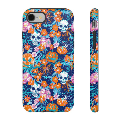 Floral Skulls and Pumpkins Halloween Phone Case – Tough Phone Case – Cute Spooky Design - iPhone 16 - Samsung Galaxy - Google Pixel