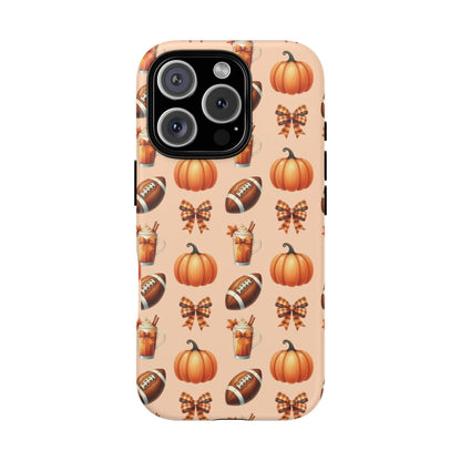 Pumpkins, Footballs, and Bows Fall Autumn Phone Case – Tough Phone Case – Cute Spooky Design - iPhone 16 - Samsung Galaxy - Google Pixel